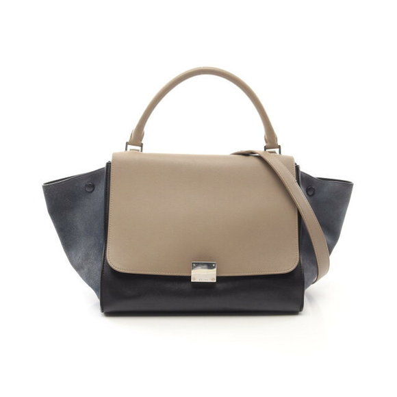 Celine Leather Black Blue Suede Beige Handbag Trapeze - Picture 1 of 7